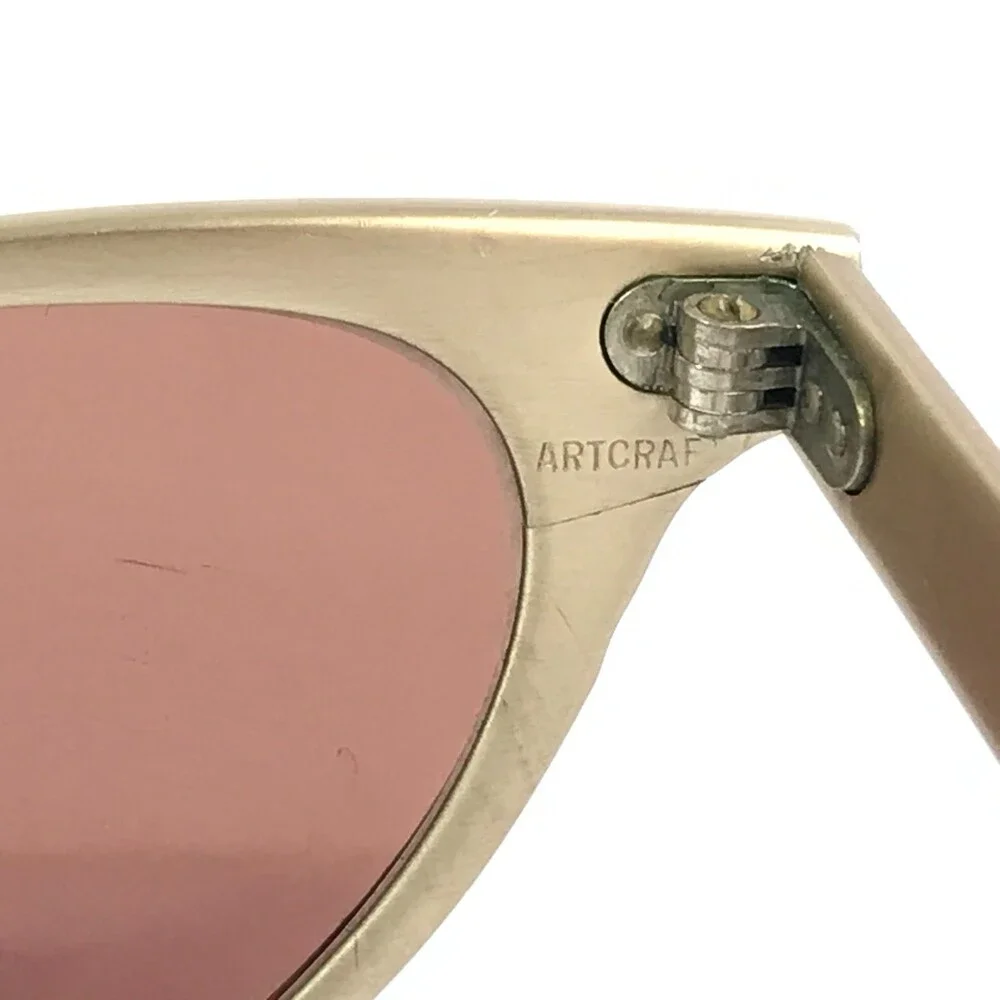 Vintage Artcraft Sunglasses 4-5 1/4 Satin Gold Aluminum Cat Eye w/ Red Lenses